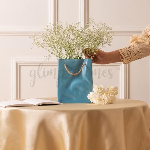 Image of Glimpse Homes Crinkled Paper Bag Vase | Ceramic Flower Vase | Living Room Decor | 8 inch (Korean Blue)