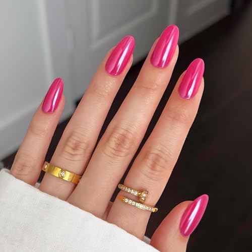 Modelones Hot Pink Press on Nails Almond, Summer Neon Chrome