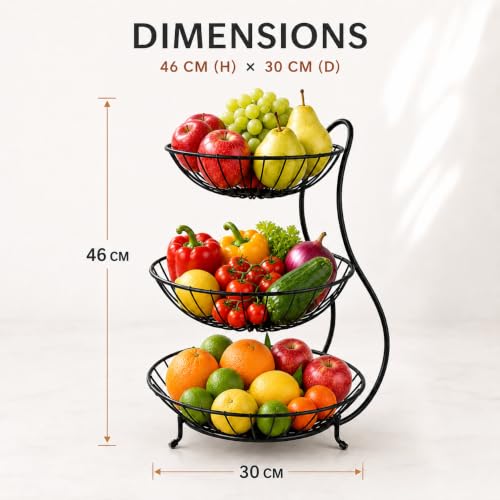 Image of Homeor Counter Top 3-TierFruit & Vegetable Basket For Dining Table, Centre Table I Metal Fruit Bowl or Bread Basket Vegetables Storage Organizer Holder I Multi-Purpose Basket for Kitchen & Home, Black