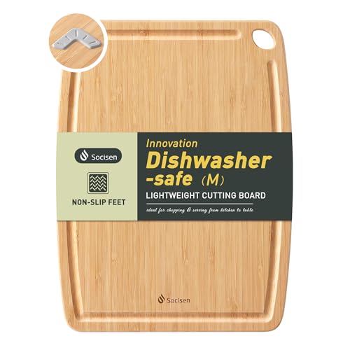 Socisen Lightweight Durable Bamboo Cutting Board with Non-Slip Feet, Reversible Wood Cutting Board with Juice Groove Easy to Store & Clean, Water-Resistant Ideal Kitchen Gift for Home Cooks