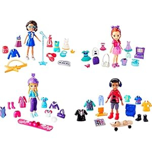 Polly Pocket Travel Toy Playset with Four (3-inch) Dolls and 40+ Fashion Accessories, Themed Characters Fashion Pack