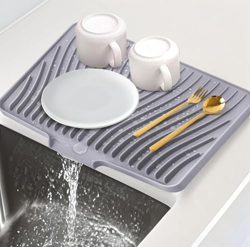 Aquafix 水切りマット 30*40cm シンクマット シリコン製 食器乾燥棚 キッチングッズ 傾斜設計 抗菌速乾 断熱 滑り止め キッチングッズ 調理台/シンク/食卓用（グレー）