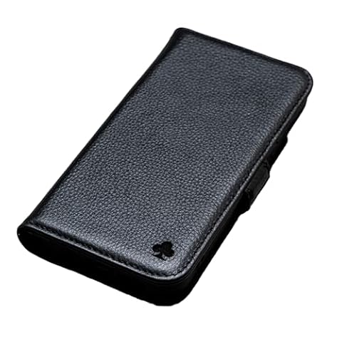 PORTER RILEY - Skórzane etui na iPhone 13 (6,1 cala). Podstawka z prawdziwej skóry premium, pokrowiec, portfel, etui z klapką (czysta czerń)