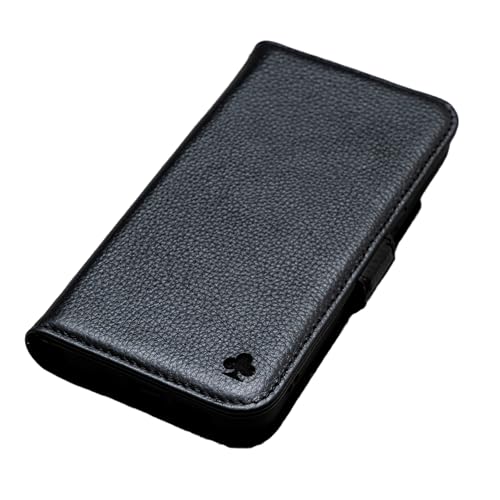 PORTER RILEY - Skórzane etui na iPhone 13 Pro Max (6,7 cala). Podstawka z prawdziwej skóry premium, pokrowiec, portfel, etui z klapką (czysta czerń)