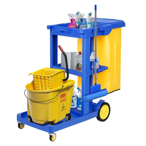tonchean Commercial Janitorial Cart, 3-Shelf Housekeeping Cart with 22 Gallon Vinyl Bag & Cover, Large Capacity Tool Carts for Hotel, Store, School, Office