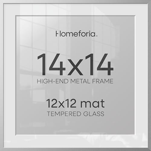 Homeforia Silver 14x14 Picture Frame, High End Metal 14 x 14 Square Frame with Mat 12 x 12 Photo, 14x14 Poster Frames Matted to 12x12 Print, 14 by 14 Hanging Frames, Tempered Glass, Wall Kit, Set of 1