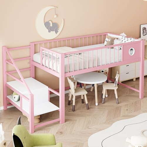 Merax Lit mezzanine basse 90 x 200 cm, pour enfants et adolescents, cadre en métal, peu encombrant, avec échelle de rangement, espace de rangement sous le lit, compact, polyvalent, rose (sans matelas)
