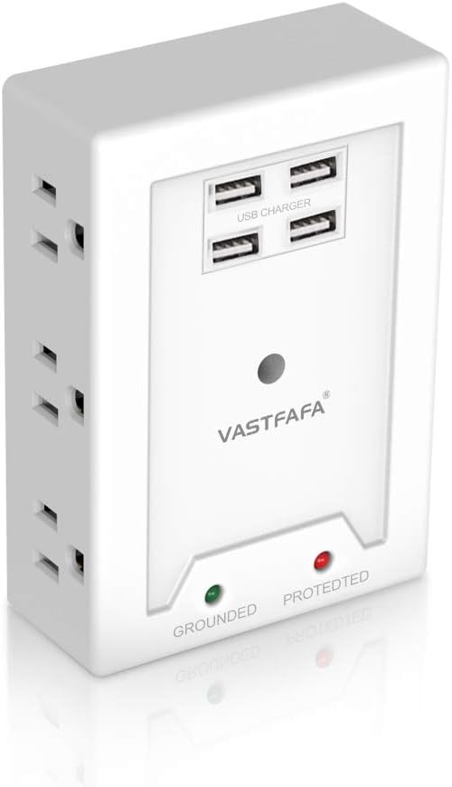 VASTFAFA 6 AC Outlets Surge Protector,Multi Outlet Wall Adapter,USB Power Strip Extension - Mountable Grounded Surge Protector, Portable Outlet Extender for TV Computer Laptops Smartphone White
