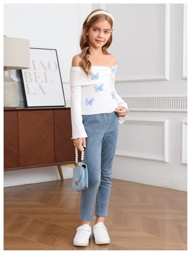 Image of Verdusa Girl's Y2K 3D Butterfly Off The Shoulder Tops Bow Tie Flare Sleeve Ruched T Shirt