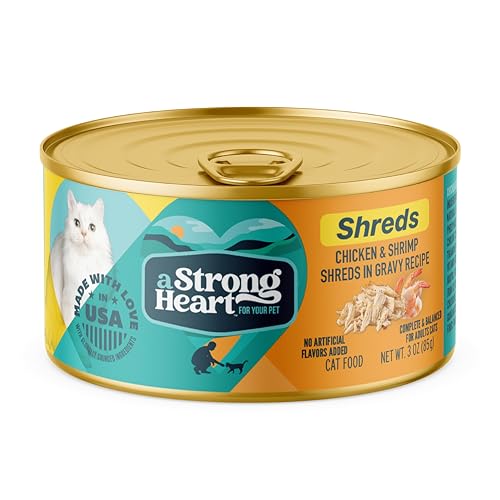 Image of A Strong Heart Wet Cat Food, Chicken & Shrimp Shreds in Gravy, Made with Whole Muscle Chicken, Made in the USA, 3oz Can (Pack of 24)