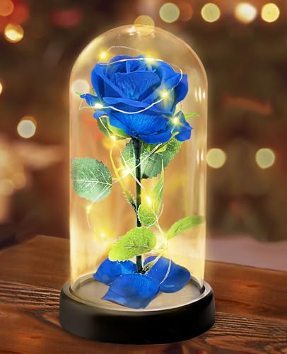 Touloube Rosa Flor Regalos del Día de la Madre para Mamá,Regalos para Mujeres,Regalo de Flor de Rosa para Ella  1 Rosa de Seda Azul con Luz LED en una Cúpula de Cristal para Aniversario Cumpleaños