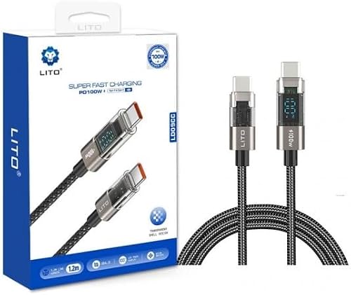 Lito LD09CC PD100W High Speed Charge Data Cable with LED Wattage Display, 1.2 Meter Length, Black