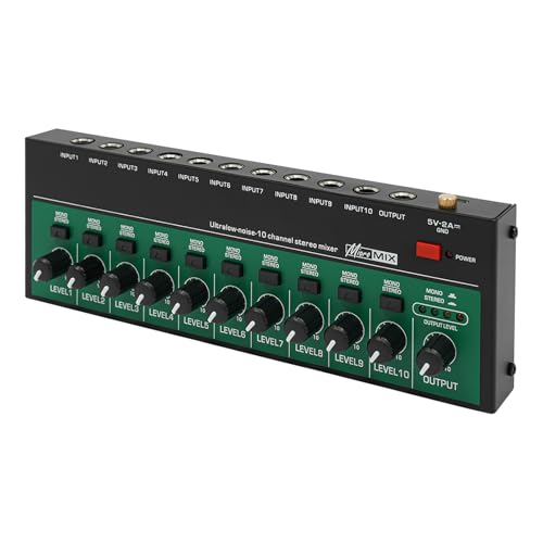 Pattosaey 10 Channel Mixer, 10W Mini 10 Stereo Audio Mixer with 3.28ft USB Cable, 1/4Inch TRS Input/Output, for Bars,Guitars, Bass, Keyboards Mixer, 8.86×0.98×2.95Inch