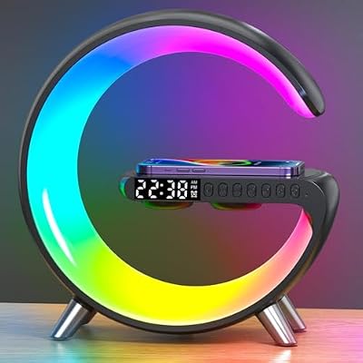 RGFF Smart LED Table Lamp,4-in-1 Wireless Charger with Speaker,Night Light, Alarm Clock, and Bluetooth Speaker with App Control for Bedroom and Home Decor (Black)