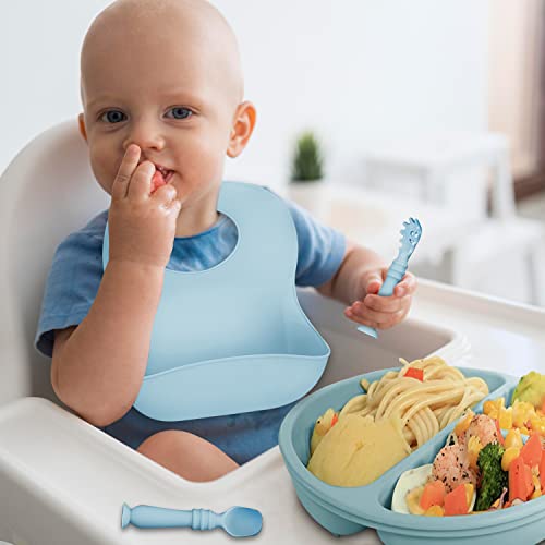 Silicone Baby Feeding Set - 11 Pieces - Divided Suction Plate, Adjustable Bib, Utensils, 4-In-1 Cup - Baby To Toddler Weaning Supplies #TOP4