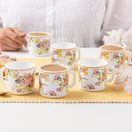 Image of Larah by BOROSIL 100ml x 6pc Opalware Amora Tea /Coffee Mug Set, Microwave & Dishwasher Safe Embossed Design Crockery Set Ideal for Daily Use & Gifting
