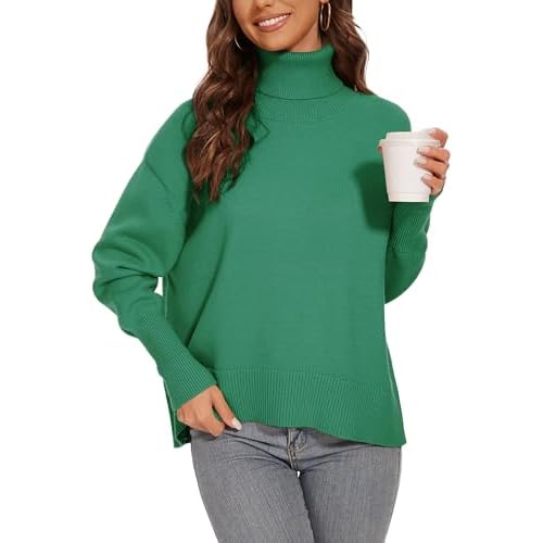 Women's Turtleneck Sweater Long Sleeve Casual Ribbed Pullover 2025 Fall Winter Loose Knit Jumper Top Green X-Large