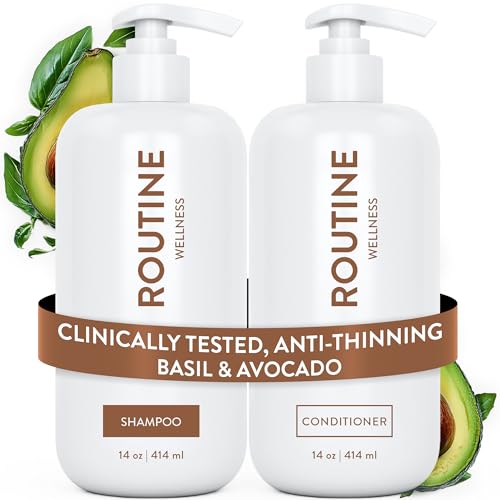 Routine Wellness Anti-Thinning Shampoo and Conditioner Set for Thinning Hair - Biotin DHT Blocker Women & Men - Color Safe Shampoo for Hair Loss & Healthier Hair - Basil & Avocado (Pack of 2)
