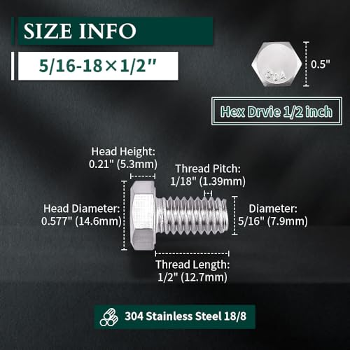 Image of 5 /16-18 x 1 /2 inch Hex Head Bolts Screws, 304 Stainless Steel 18-8, Fully Threaded, Hexagon Head Cap Bolts Screws, Coarse Thread UNC, 20 PCS