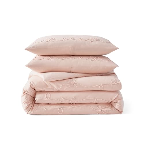 Peri Home Bow Bedding Duvet Cover Cottage Core Vintage Country 100% Cotton 3-Piece Set, King, Blush Sasha Bows