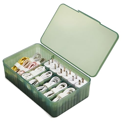 Atathro Cable Organizer Box Extra Wide Travel Charger Cord Earphone Storage Case with Lid (Dark Green)
