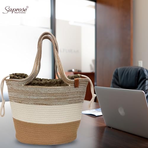 Image of SAPROSE Polypropylene Tote Tiffin Basket With Cover Carry Bag, Storage Basket, Picnic Basket, Lunch Bag, Tiffin Basket, Handbag for Lunch Box and Water Bottle, (29 x 18 x 28 cm) (Beige)