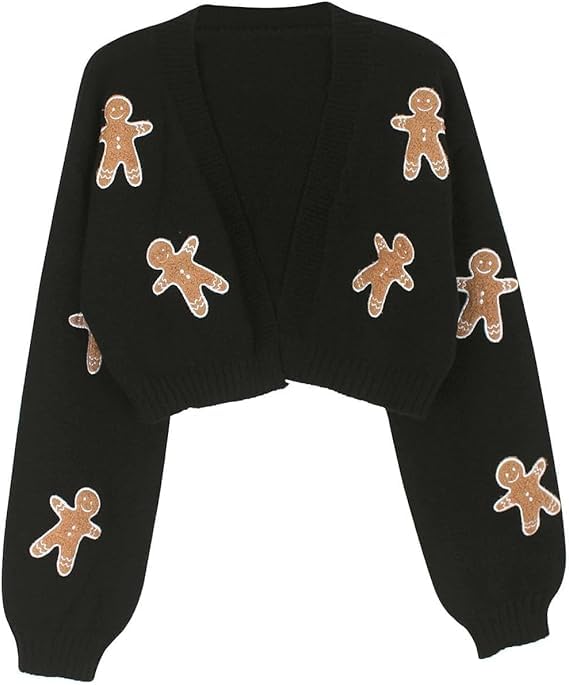 Pull Cardigan Femme Noël - Motif Pain D'épice - Manches Lanterne, Longueur Courte - Polyester Doux - Taille S à XL