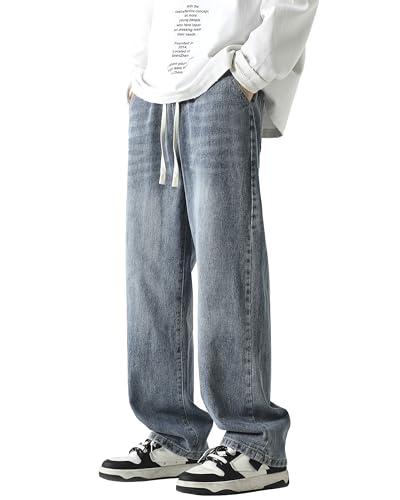 PRIJOUHE Mens Wide Leg Jeans Elastic Waist Baggy Jeans Casual Drawstring Denim Pants Trousers