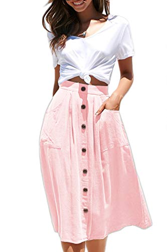 Meyeeka Women's High Waisted A Line Street Skirt Button Up Skater Pleated Full Midi Skirt Pink #TOP2