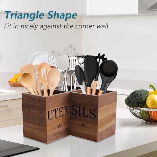 Image of Suli Extra Large Kitchen Utensils Holder with 3 Compartments,Corner Utensil Caddy for Countertop,Acacia Wood Utensil Organizer for Kitchen Countertop, Farmhouse Decor-Acacia Brown