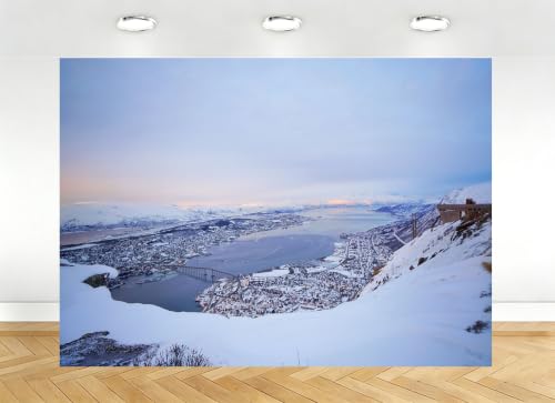 5X3ft Fabric Aerial Snowy City Backdrop Winter Nordic Fjord Panorama Background Travel Party Decorations Tapestry Arctic Landscape Photo Studio Props