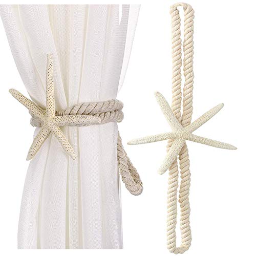 2 Pcs Natural Starfish Curtain Tiebacks, Handmade Woven Rope Curtain Curtain Ties Blinds Accessories for Outdoor, Home, Office, Hotel, Living Room Curtain Decoration (Five-Fingered Starfish)