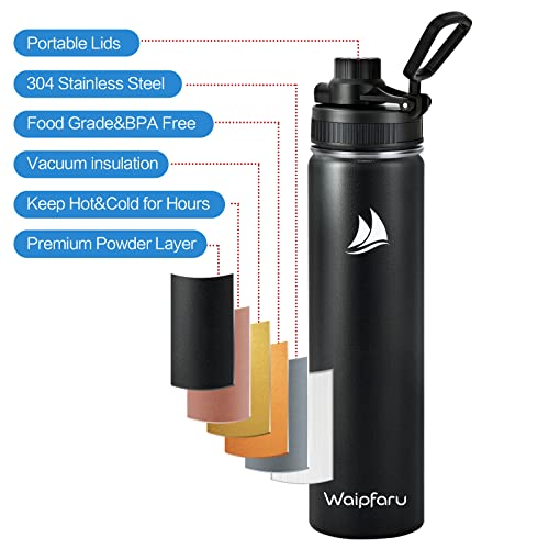 Waipfaru 24Oz Water Bottle - Stainless Water Bottle With 2 Lids & 2 Straws, Insulated Water Bottles Keep Hot And Cold, Wide Mouth Sports Water Bottle For Hiking Biking Sport, Black #TOP2