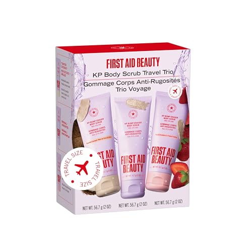 First Aid Beauty KP Bump Eraser Body Scrub Trio, 10% AHA Keratosis Pilaris Exfoliator Set – Original, Strawberry & Peach Scents, Travel Size 2 oz Each (3-Piece)