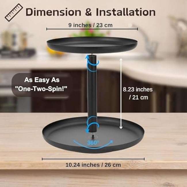 IBERG 2-Tier Metal Lazy Susan Organizer, Black, 9&10 - Modern, Rotating Spice Organizer for Kitchen & Pantry