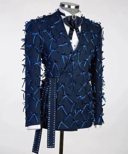 Mens Luxury 2 Pieces Suit with Bow Appliques Notch Lapel Slim Fit Double Breasted Jacket Pant for Prom Party Dinner2