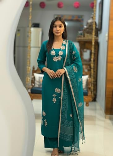 Image of ANNI Designer Women's Rayon Viscose Straight fit Printed Embroidered Kurta with Pant & Dupatta | Ethnic Kurta Set for Women | Daily, Office & Festive Traditional