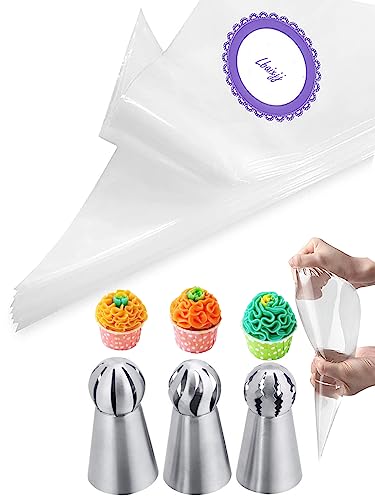 Russian Ball Piping Tips Set with Bags,3 Pcs Russian Piping Tips Flower for Cake Decorating & 20 Disposable Pastry Bags 12inch for Frosting