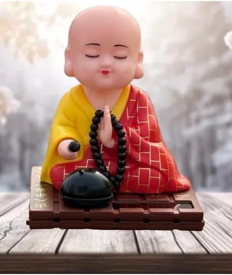 Plastic Siddham Solar Powered Moving Head & Hand Buddha - Shaking Head Buddha Monk Statue for Living Room | Car Dashboard | Home | Office Desk | Wealth & Prosperity- Red, 4 Inch (Red)