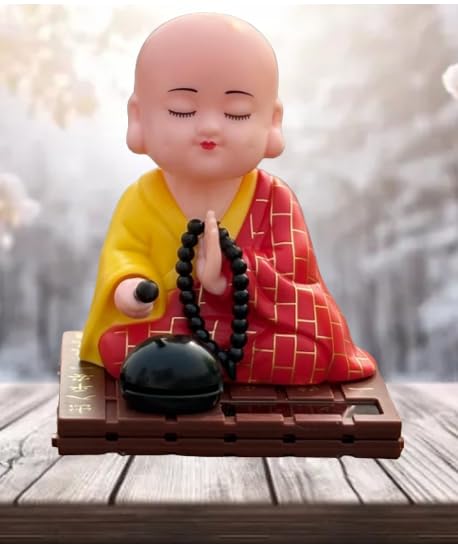 Plastic Siddham Solar Powered Moving Head & Hand Buddha - Shaking Head Buddha Monk Statue for Living Room | Car Dashboard | Home | Office Desk | Wealth & Prosperity- Red, 4 Inch (Red)