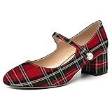 ROSERWISH Women's Round Toe Cute 2 Inch Uniform Strap Low Heel Chunky Ankle Strap Pumps Shoes Red Plaid Size 6 - Zapatos de Tacon para Mujer