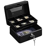 H&S Money Box with Key - 6 inch Money Tin with Lock - Small Lockable Cash Box with Coin Tray for Petty Cash Coins Notes - Locking Metal Safe Box with 2 Keys - Black Matt