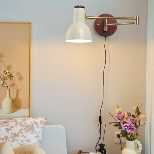 Aplique de pared E27 vintage color crema con cable de 1.5m e interruptor rotación ajustable C