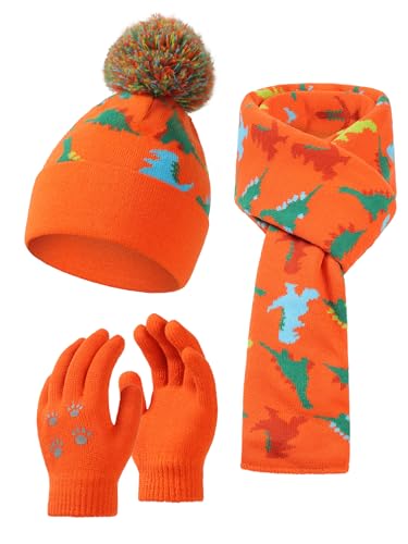 Image of NATUST Kids Winter Hat Gloves Scarf 3 Piece Set Stocking Caps Toddlers Dinosaur Pom Pom Beanie Children Knitted Warm Set