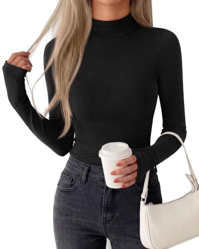 BTFBM Turtleneck Tops for Women Thumbhole Long Sleeve Shirts Black
