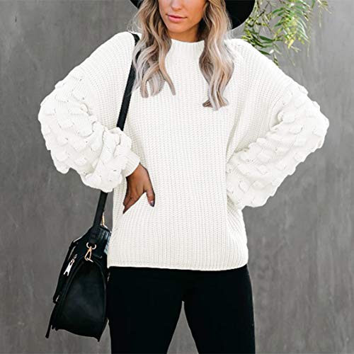 Sovoyontee Women's 2023 Fall Long Puff Sleeve Crew Neck Knit Chunky Casual Oversized Pullover Sweater White,S #TOP4