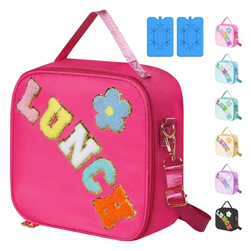 PALSAM Insulated Lunch Bag?2 Ice Grids Chenille Alphabet Lunch Box for Girls, Kids Lunch Bag with Adjustable Shoulder Strap, Nylon Preppy Large Lunch Bag Reusable Lunch Tote Bag?Pink?
