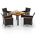 Tangkula 5 Pieces Patio Dining Table Set for 4, Rattan Conversation Set with Umbrella Hole, Seat Cushions & Acacia Wood Tabletop, Outdoor Dining Table with 4 Chairs for Backyard, Poolside & Deck