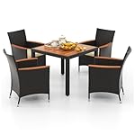 Tangkula 5 Pieces Patio Dining Table Set for 4, Rattan Conversation Set with Umbrella Hole, Seat Cushions & Acacia Wood Tabletop, Outdoor Dining Table with 4 Chairs for Backyard, Poolside & Deck