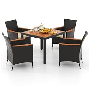 Tangkula 5 Pieces Patio Dining Table Set for 4, Rattan Conversation Set with Umbrella Hole, Seat Cushions & Acacia Wood Tabletop, Outdoor Dining Table with 4 Chairs for Backyard, Poolside & Deck